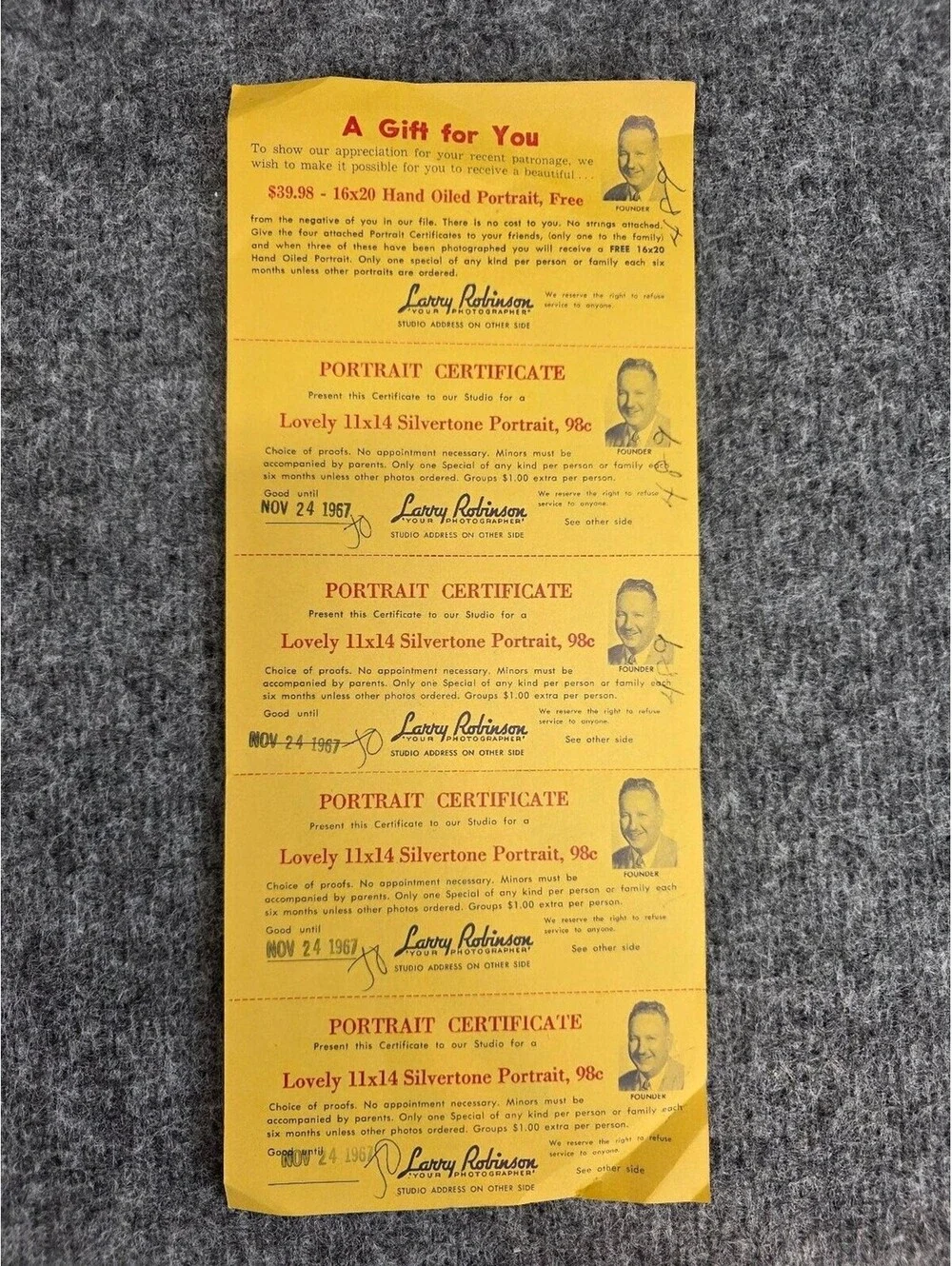 1967 Larry Robinson Photography Portrait Certificates Vintage Ephemera